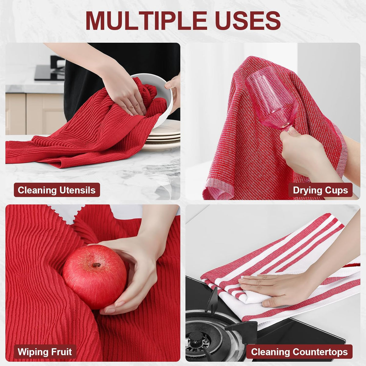 Homaxy Premium Kitchen Towels(18”x 28”, 12 Pack), Large Cotton 380 GSM Kitchen Hand Towels, Soft and Absorbent Terry Dish Towels, Multipurpose Tea Towel Set with Hanging Loop, Red