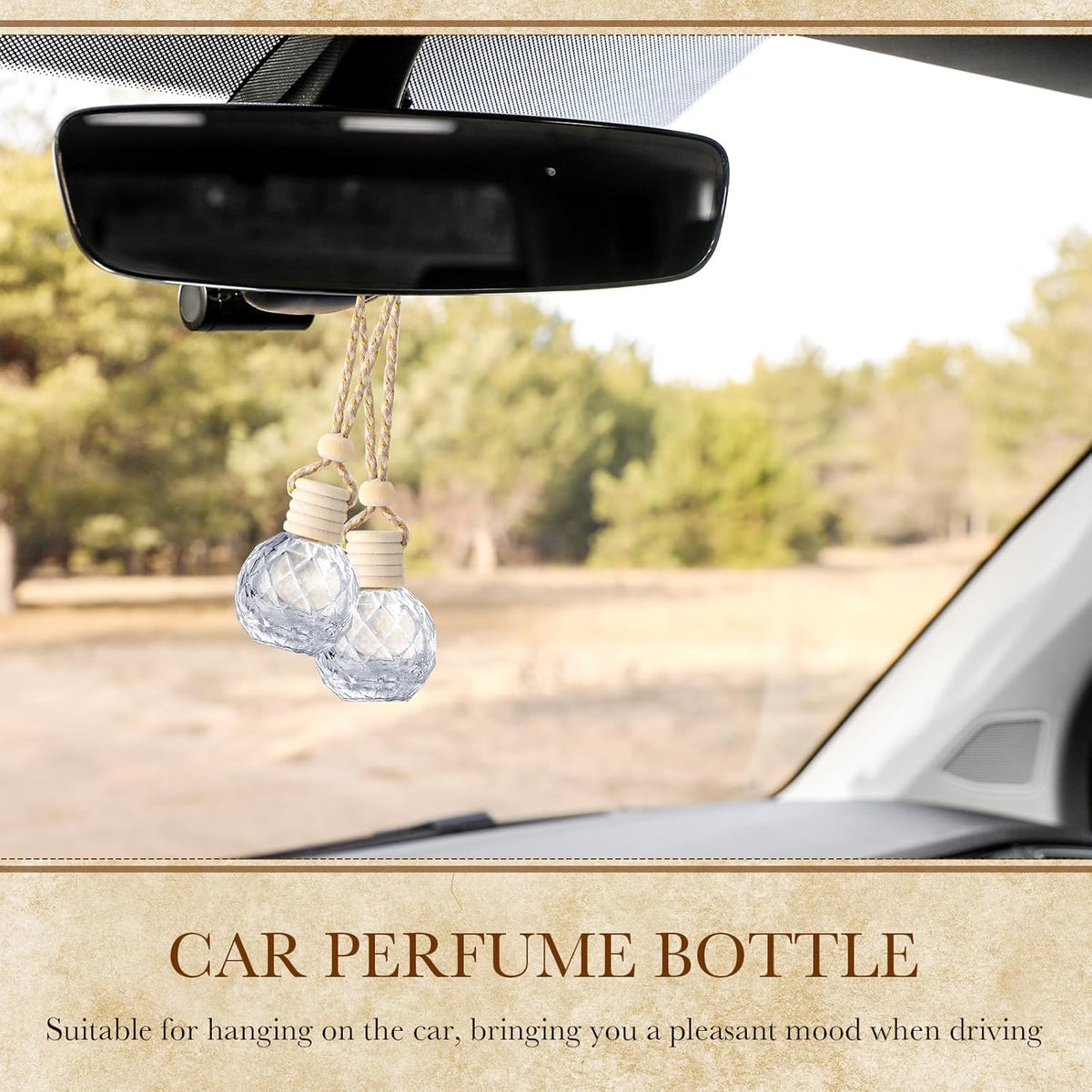 BBTO 50 Pcs Hanging Car Air Freshener Car Diffuser Bottles Empty Glass Perfume Bottle Freshener Diffuser Bottle Pendant for Essential Oil Fragrance Aromatherapy Bottle Ornament(Round Diamond)