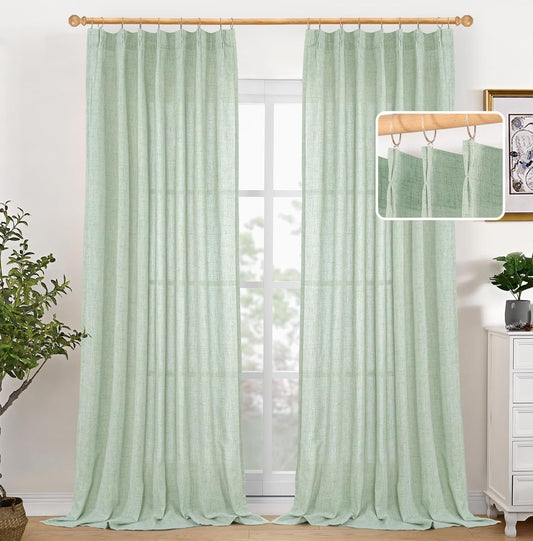 YoungsTex Sage Green Linen Curtains 90 Inch Length Living Room, Textured Semi Sheer Drapes Light Filtering with Pinch Pleated Window Treatments for Bedroom Dining Room, 2 Panels, 40 X 90 Inch