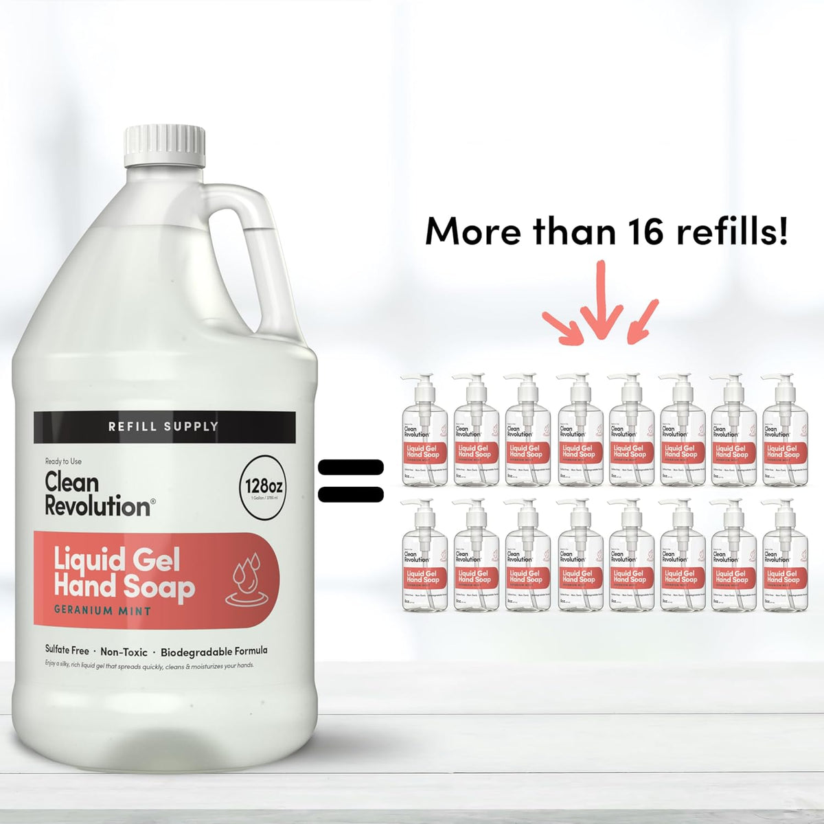 Clean Revolution Liquid Gel Hand Soap, Silky Rich Liquid, Quick Lather, Fast Rinsing, Contains Real Essential Oils (Geranium Mint) 128 Fl Oz
