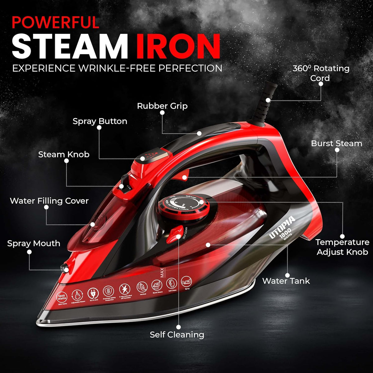 Utopia Home Steam Iron for Clothes - Non-Stick Soleplate - 1800W Clothes Iron With Auto-Off Safety Feature - Adjustable Thermostat Control, Variable Steam Control, Self-Clean, 8 Feet Cord (Black/Red)