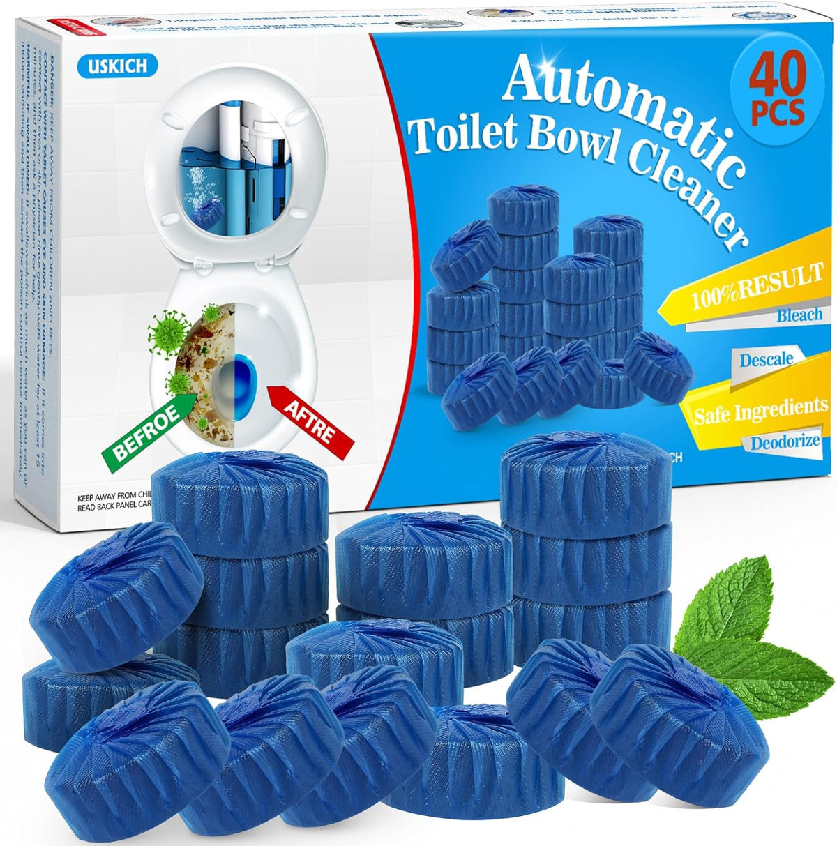 USKICH 40 Pack Toilet Bowl Cleaner Tablets,Blue Automatic Toilet Tank Cleaners, Long-Lasting Household Toilet Cleaners,Toilet flush Cleaning & Deodorizer