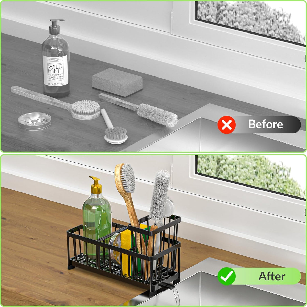 Self-Draining Kitchen Sink Caddy with Elevated Brush Holder – Rustproof Stainless Steel Multipurpose Sponge Holder for Kitchen Sink Organizer with Durable Design for Countertop