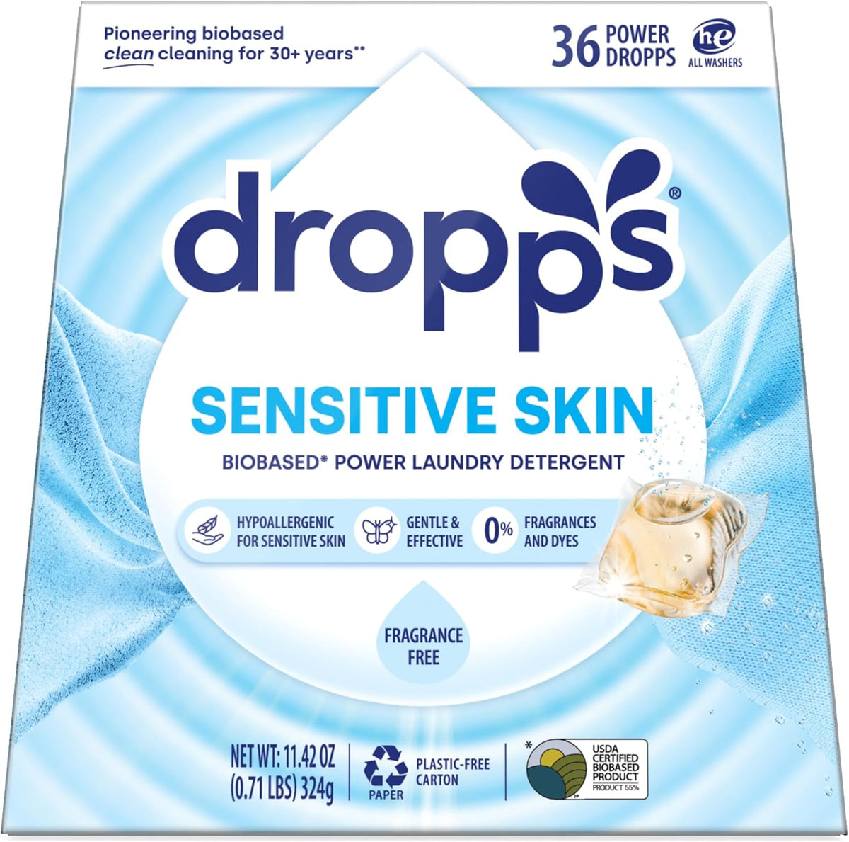 Dropps Sensitive Skin Laundry Detergent Pods, Unscented (36 Count) - Dermatologist Tested Laundry Pods - HE Compatible Laundry Supplies for Clean Clothes, Vegan & Dye-Free