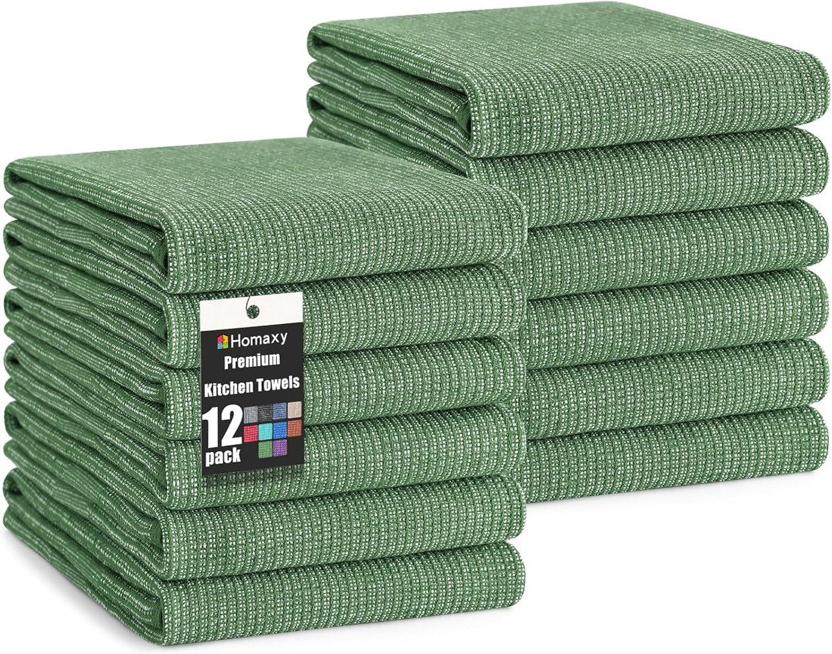 Homaxy Premium Kitchen Towels(18”x 28”, 12 Pack), Large Cotton Kitchen Hand Towels, Flat and Terry Dish Towels, 380 GSM Highly Absorbent Tea Towel Set with Hanging Loop, Grass Green