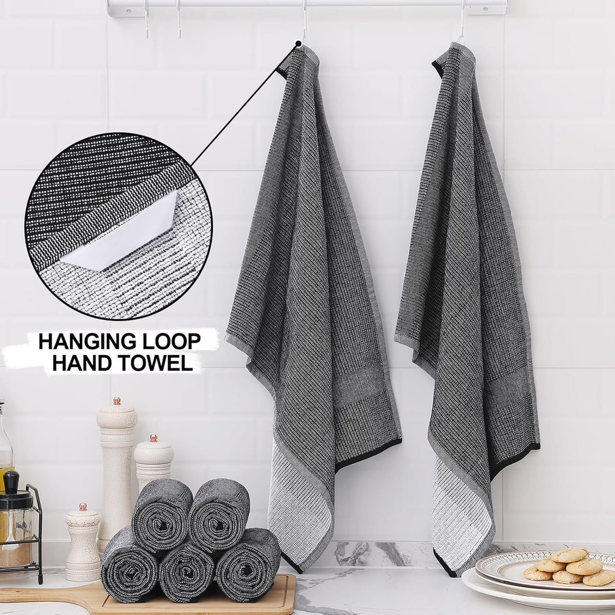 Homaxy Premium Kitchen Towels(18”x 28”, 6 Pack), Large Cotton Kitchen Hand Towels, Flat and Terry Dish Towels, 380 GSM Highly Absorbent Tea Towel Set with Hanging Loop, Black