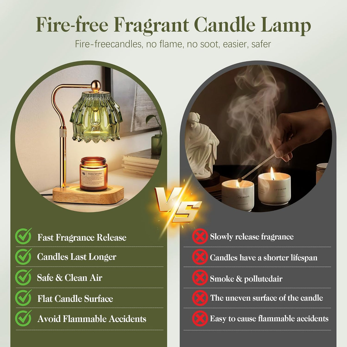 Candle Warmer Lamp with Timer Dimmer, Modern Wax Warmer for Scented Wax Jar Candle Warmer with 2 Bulbs, Adjustable Height Glass Lamp for Gifts for Women, House Warming Gifts, Home Decor, Gold Green