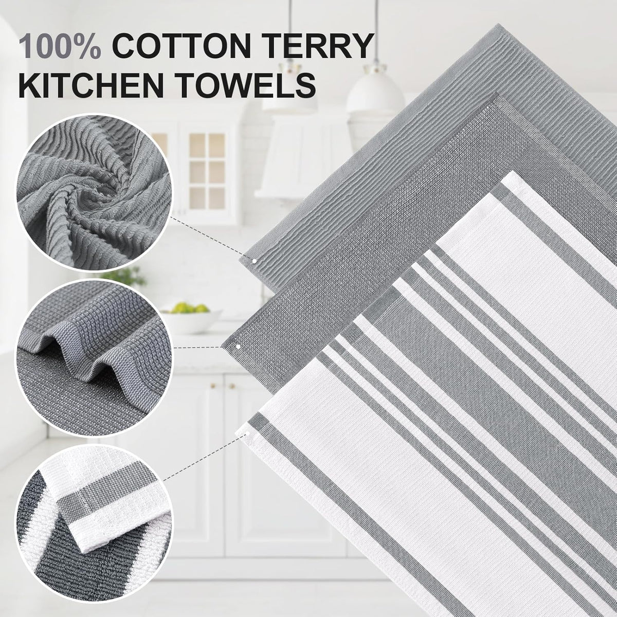 Homaxy Premium Kitchen Towels(18”x 28”, 3 Pack), Large Cotton 380 GSM Kitchen Hand Towels, Soft and Absorbent Terry Dish Towels, Multipurpose Tea Towel Set with Hanging Loop, Grey