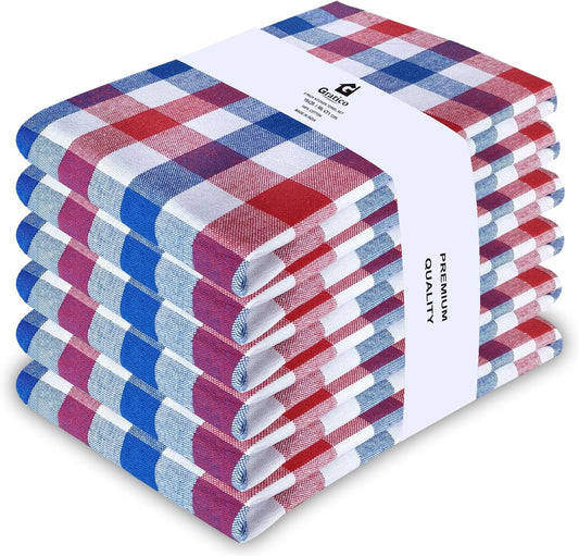 July 4th KitchenTowels Patriotic DishTowels 100% Cotton (Set of 6) 18X28 Inches Highly Absorbent Soft Durable Reusable & Washable Kitchen Towels (Red/Blue/White Buffalo Checks)