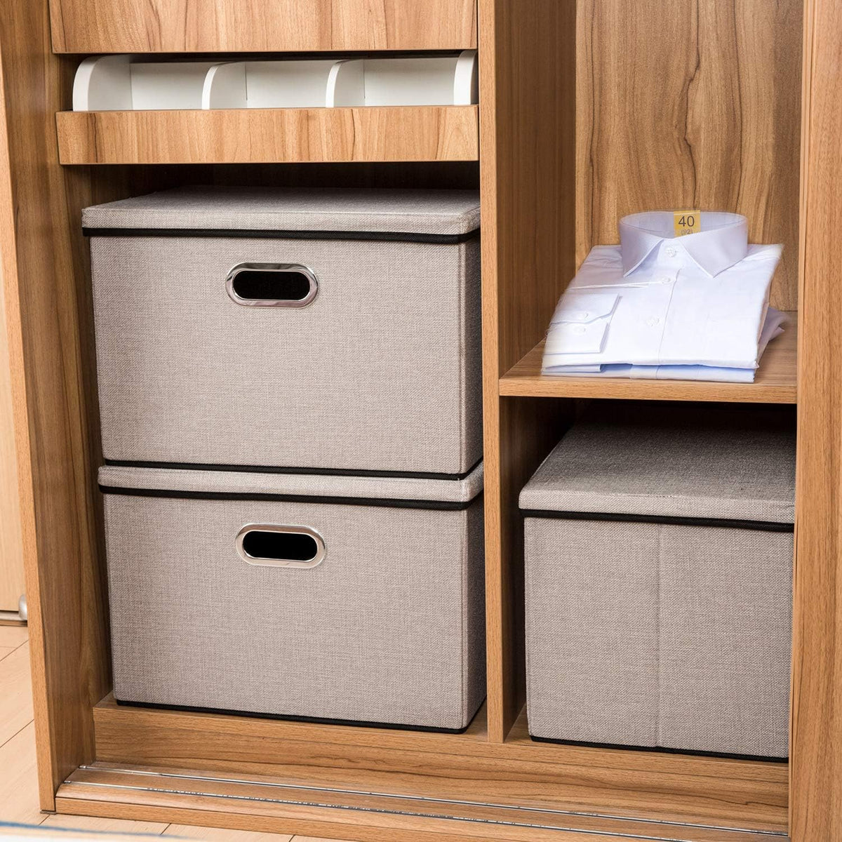 PRANDOM Large Foldable Storage Bins with Lids [3-Pack] linenFabric Decorative Storage Boxes Organizer Containers Baskets Cube with Handles Divider for Bedroom Closet Office Light Grey(17.7x11.8x11.8)