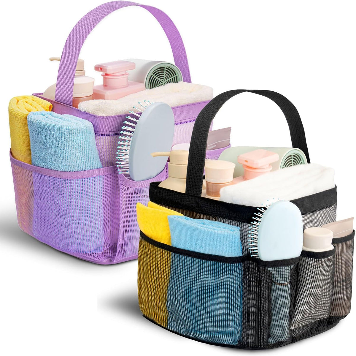 Mesh Shower Caddy for College Dorm Room Essentials for Girls with 9 Pockets,Large-Capacity Shower Basket,Quick Dry Toiletry Tote Bag,Outdoor Gym,Travel,Swim,Beach Camping Essentials-Black and Purple