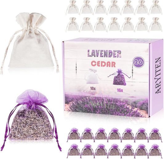 26 Pack Cedar and Lavendar Home Fragrance for Drawers and Closets - Stop Clothes Damage, Cedar Chips and Natural Dried Lavender Sachets Bags