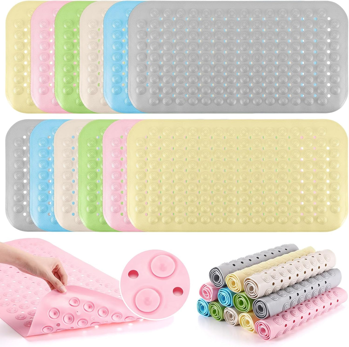 Dunzy 12 Pcs Non Slip Bath Mats 27.6x14.2 Inches TPE Bathtub Mats with Suction Cups Drain Holes Textured Surface Anti Slip Shower Pad for Bathroom Tub Adults Elderly Home Hotel