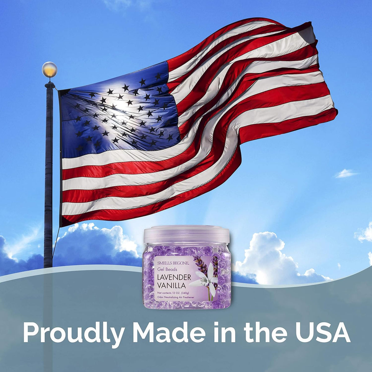 SMELLS BEGONE Odor Eliminator Gel Beads - Air Freshener - Eliminates Odor in Bathrooms, Cars, Boats, RVs & Pet Areas - Made with Essential Oils - Lavender Vanilla Scent - 12 Ounce