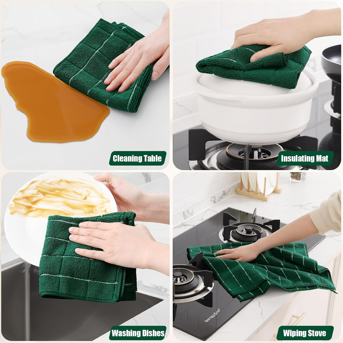 Homaxy Microfiber Kitchen Towels and Dishcloths Set, 12 Pack Soft and Absorbent Dish Hand Towels Bulk, 28 x 16 Inch & 12 x 12 Inch Quick Drying Rags for Washing Dishes, Dark Green