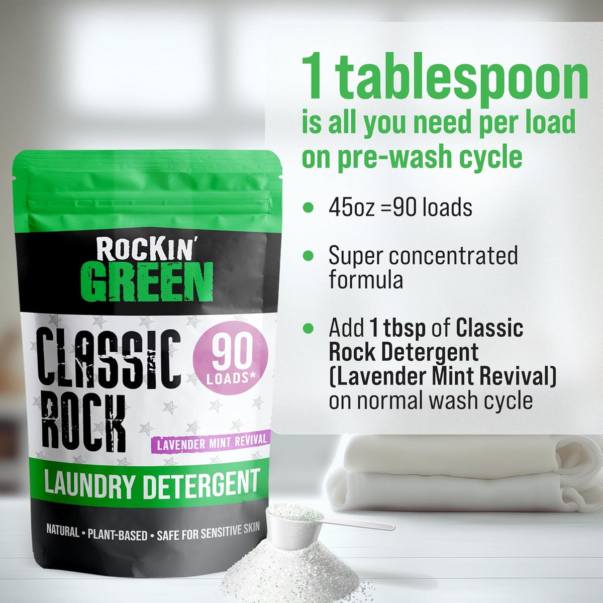 Rockin' Green Classic Rock Laundry Detergent Powder (90 Loads) - All Natural Laundry Detergent - Sensitive Skin Laundry Powder (Lavender Mint Revival)