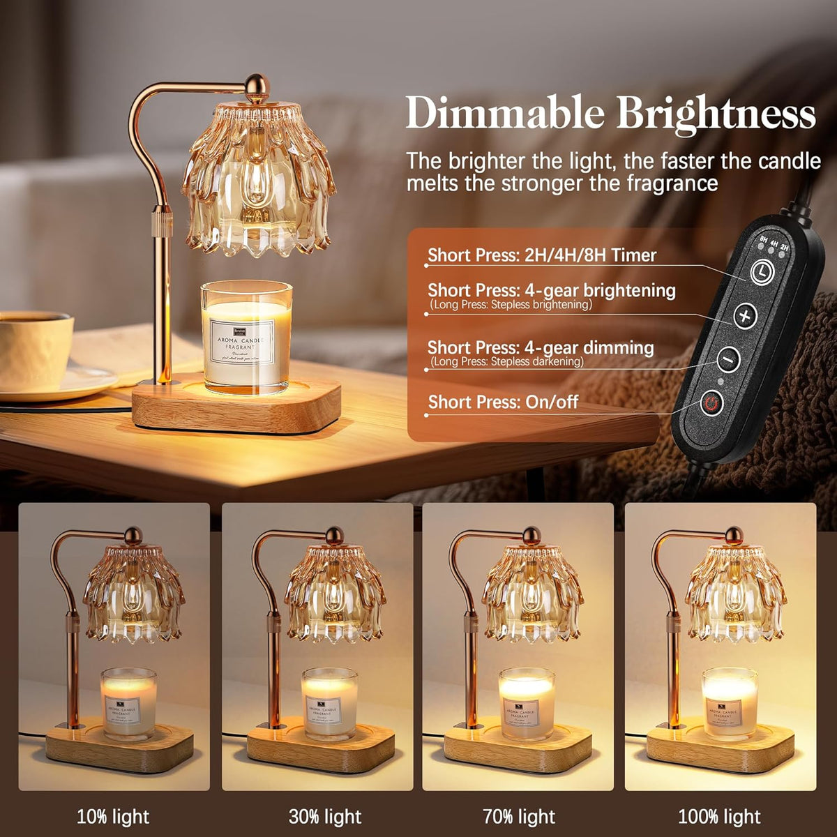 Candle Warmer Lamp with Timer Dimmer, Modern Wax Warmer for Scented Wax Jar Candle Warmer with 2 Bulbs, Adjustable Height Glass Lamp for Gifts for Women, House Warming Gifts, Home Decor, Gold Amber