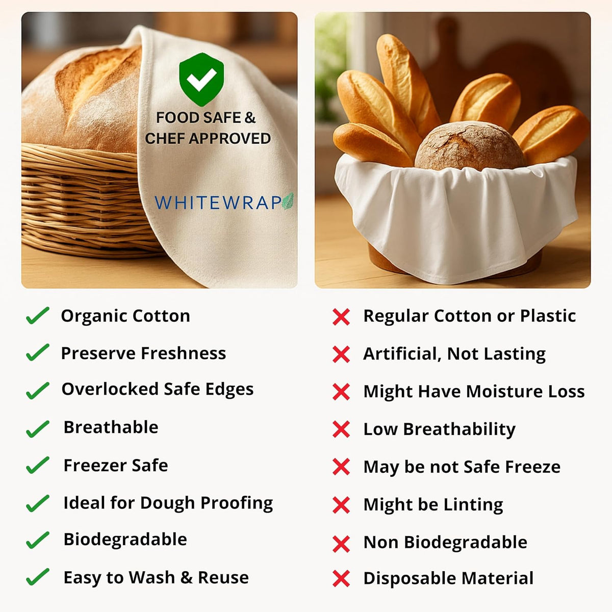 WHITEWRAP Unbleached Flour Sack Towels for Bread Proofing – Thick Cotton Baking Cloth for Baguettes, Ciabatta & Pastries – Reusable 28"x28" Towels, Set of 6