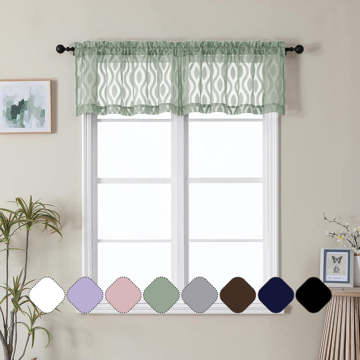 Aiyufeng Green Valance Curtains 14 Inch Length, Chic Wavy Line Clip Jacquard Sheer Curtains for Basement Bathroom Small Curtain, Lightweight Solid Rod Pocket Small Window Curtains, 2 PCS, 40Wx14L Inch