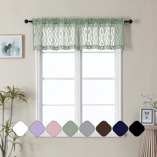 Aiyufeng Green Valance Curtains 14 Inch Length, Chic Wavy Line Clip Jacquard Sheer Curtains for Basement Bathroom Small Curtain, Lightweight Solid Rod Pocket Small Window Curtains, 2 PCS, 40Wx14L Inch