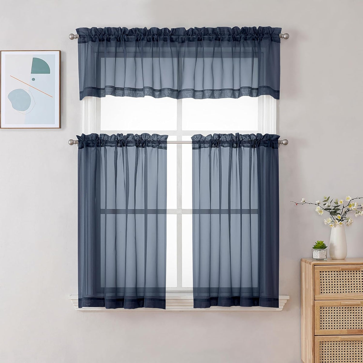 Chyhomenyc Navy Blue Sheer Curtains 30 inch Length 2 Panels, Light Filtering Voile Rod Pocket Short Window Curtians for Bathroom Living Room Farmhouse Small Windows, 42Wx30L inches