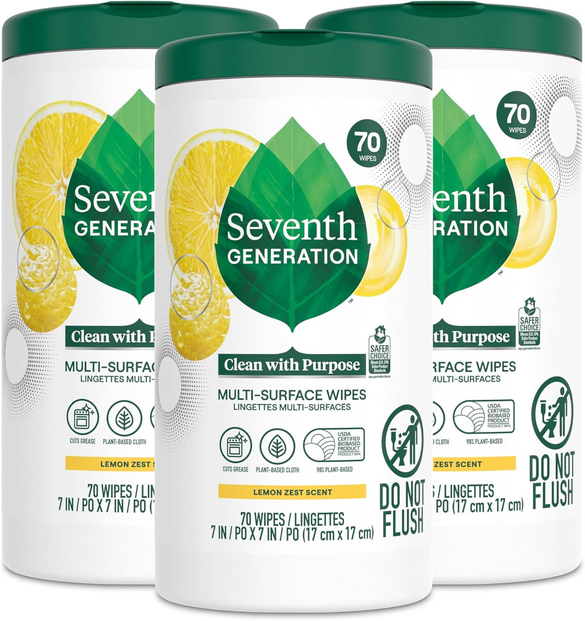 Seventh Generation Multi Surface Wipes, Pack of 3, for all purpose cleaning, lemon zest scent with 100% essential oils and botanical ingredients, 70 ct each