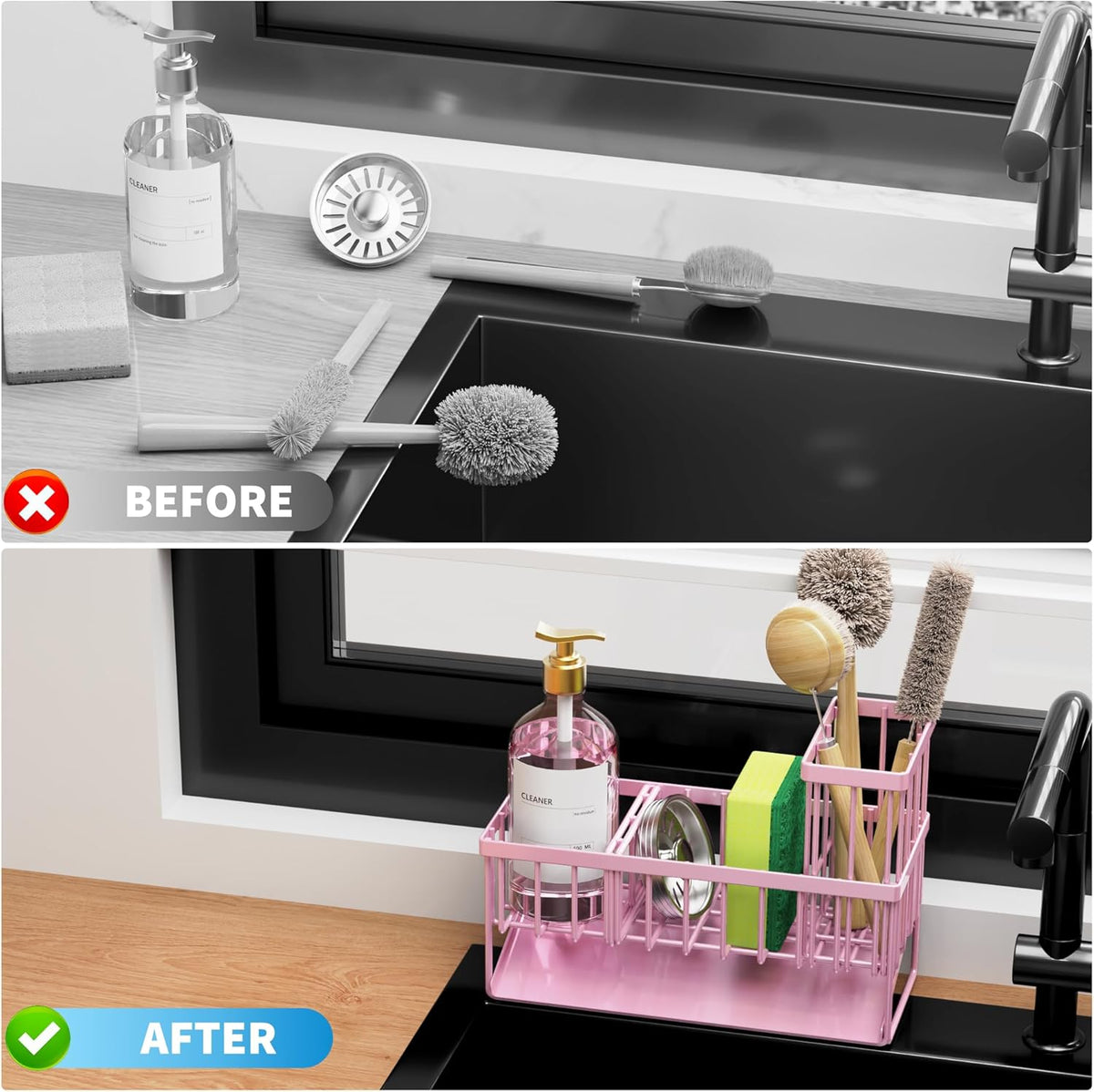 Cisily Pink Kitchen Sink Caddy Organzier with High Brush Holder, Sponge Holder for Sink, 304 Rustproof Stainless, Kitchen Countertop Soap Dispenser Organizer