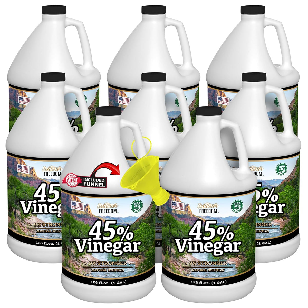 Nature's Freedom 45% Concentrated Vinegar with Funnel, 8 Gallons - Dilutes to 72 Gallons - 9x Strength Multi-Purpose Solution