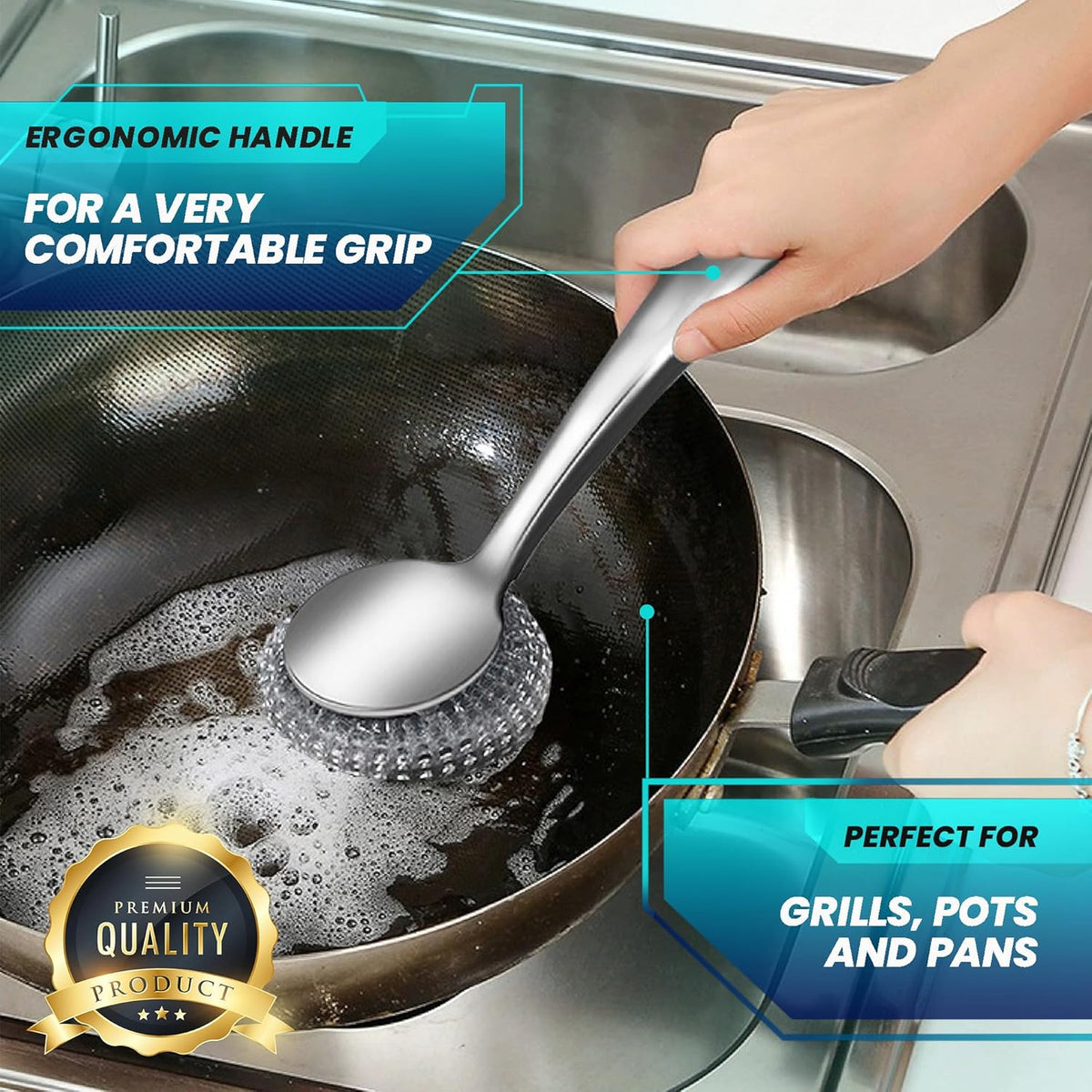 Steel Wool Scrubber Dish Brush Set with Handle, Deep Cleaning Scrubber Set, Silver