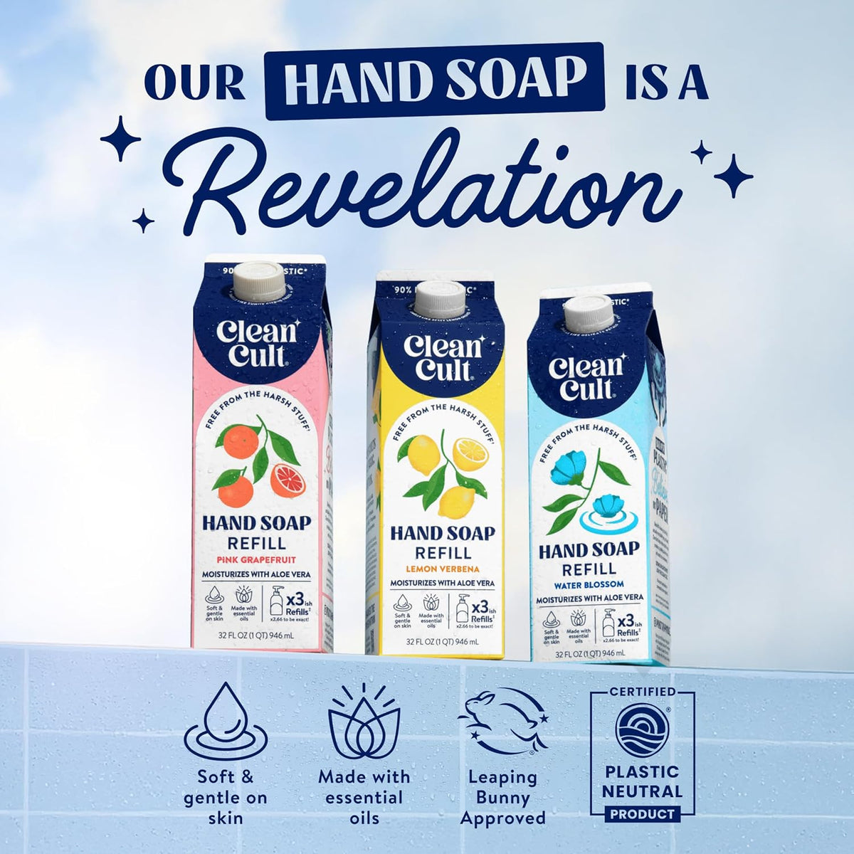 Cleancult Liquid Hand Soap Refill - Water Blossom - Moisturizes Dry & Sensitive Skin - Made with Aloe Vera & Essential Oils - Eco Friendly - Paper-Based Packaging - 32 oz/2 Pack