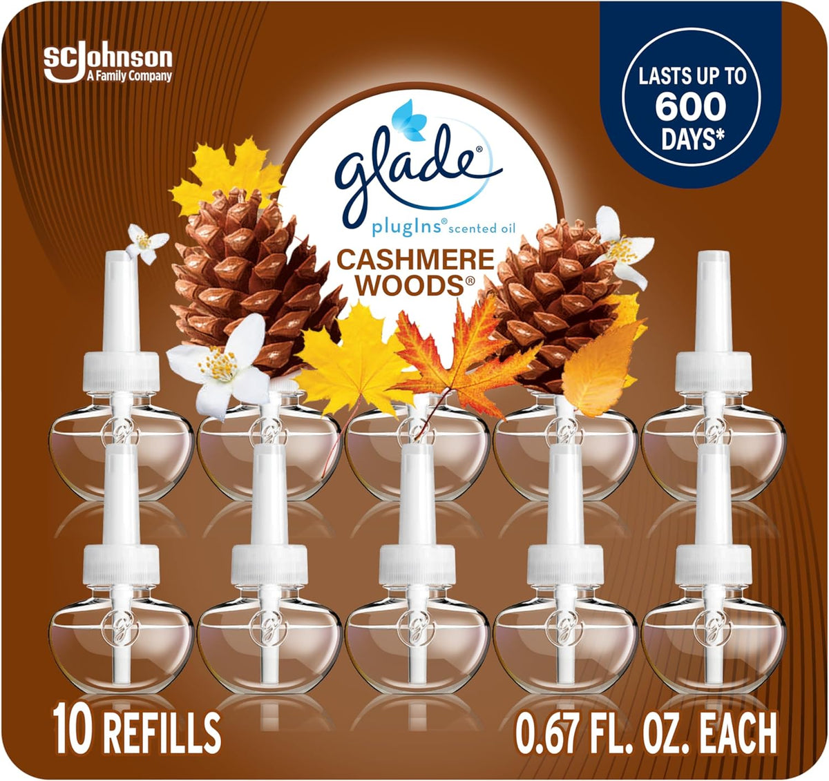 Glade PlugIns Refills Air Freshener, Scented and Essential Oils for Home and Bathroom, Cashmere Woods, 6.7 Fl Oz, 10 Count (Packaging May Vary)