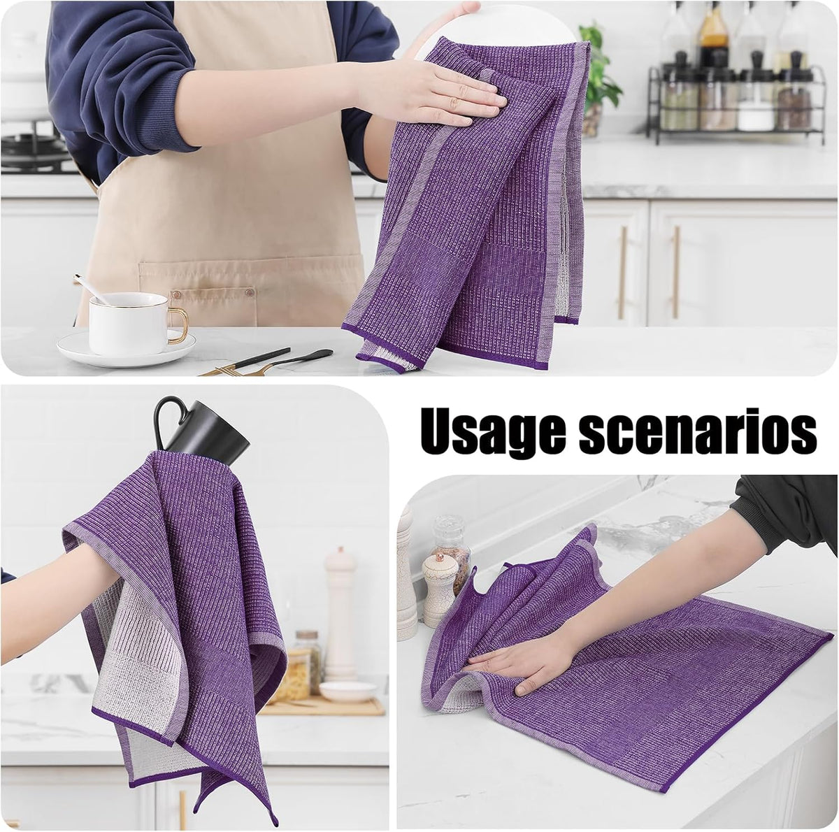 Homaxy Premium Kitchen Towels(18”x 28”, 8 Pack), Large Cotton Kitchen Hand Towels, Flat and Terry Dish Towels, 380 GSM Highly Absorbent Tea Towel Set with Hanging Loop, Purple