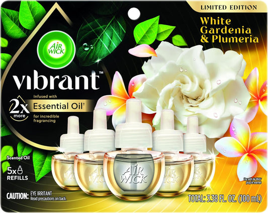Air Wick Plug In Scented Oil Refills, White Gardenia+Plumeria, Air Fresheners for Home Long Lasting, Room Fresheners,Air Freshener Plug In, Essential Oils, Home Essentials for Small&Large Spaces,5 ct