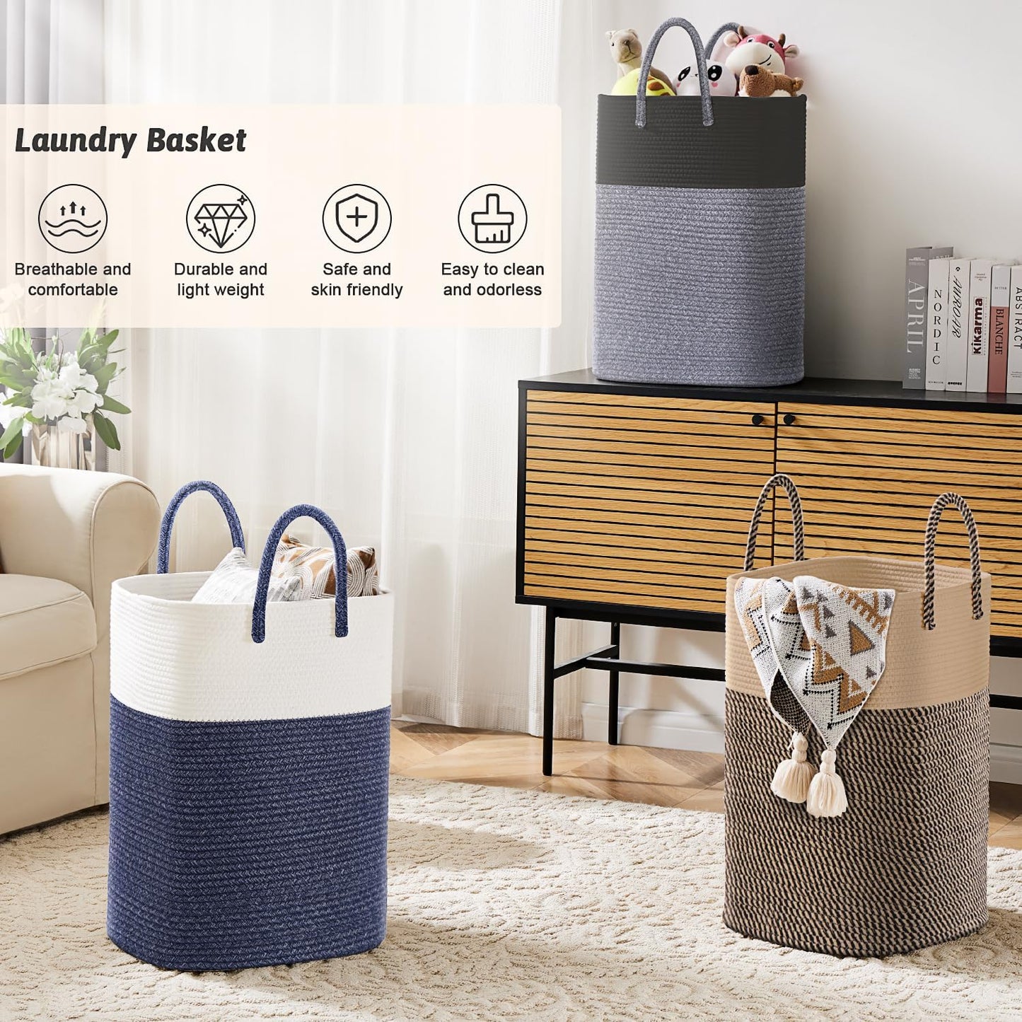Laundry Basket,Woven Cotton Rope Laundry Hamper,Versatile Storage for Dirty Clothes,Baby Toys,and Blankets in Bathroom, Nursery,and Living Room (Black, 60L)