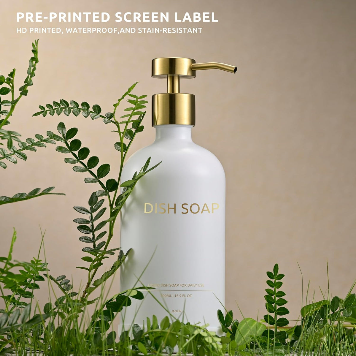 Glass Soap Dispenser Set by Janxin,Bathroom Soap Dispenser Set with Ceramic Tray,Luxury Bathroom Accessories,Modern Kitchen Decor (White+Gold(Dish Soap))