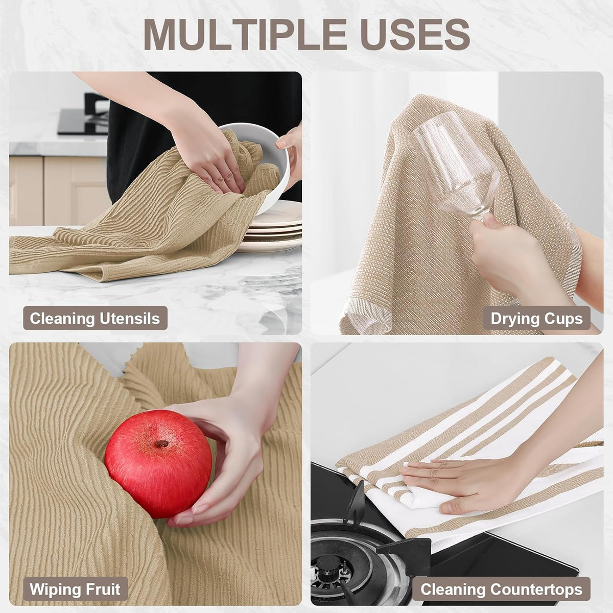 Homaxy Premium Kitchen Towels(18”x 28”, 9 Pack), Large Cotton 380 GSM Kitchen Hand Towels, Soft and Absorbent Terry Dish Towels, Multipurpose Tea Towel Set with Hanging Loop, Khaki