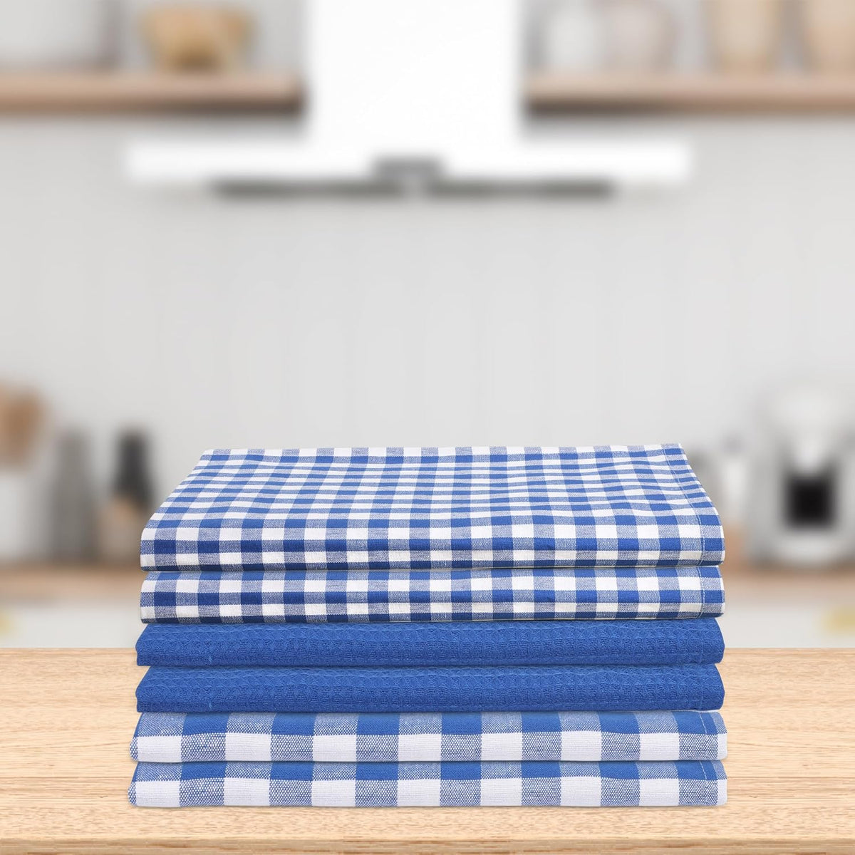 Kitchen Towels Set of 6 Soft Premium Cotton Highly Absorbent Dish Towels 18x28 Inches, Washable & Reusable Tea Towel, Quick Drying Dish Cloths with Hanging Loop - Blue/White, Checks