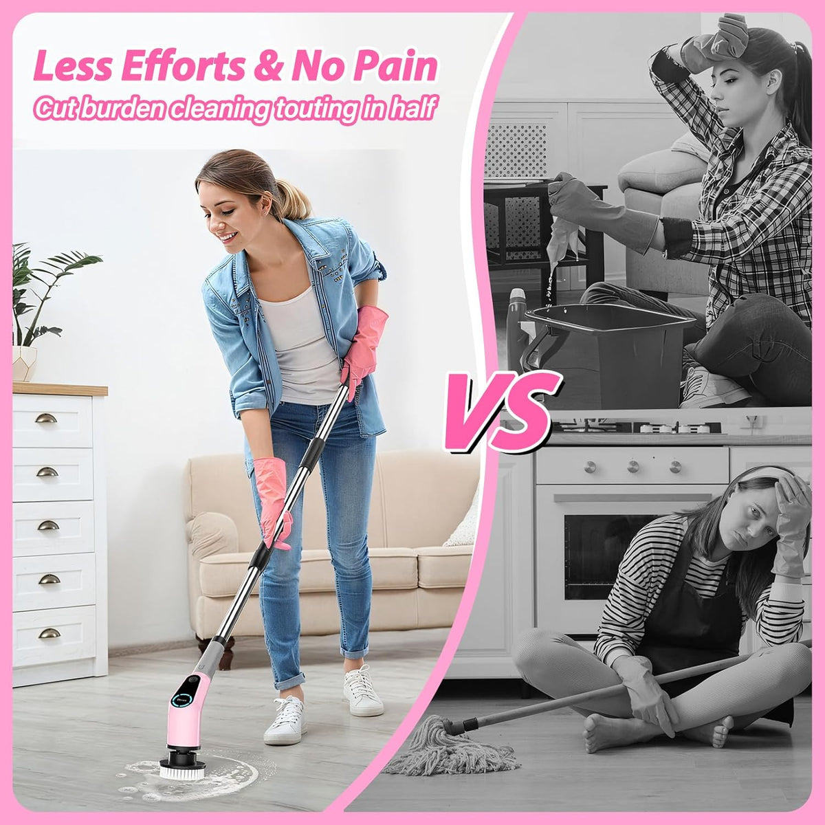 Electric Spin Scrubber, Cordless Cleaning Brush, Shower Scrubber with 8 Replaceable Brush Head, Power Cleaning Brush with Extension Handle, 2 Adjustable Speed, for Bathtub Tile Floor (Pink)