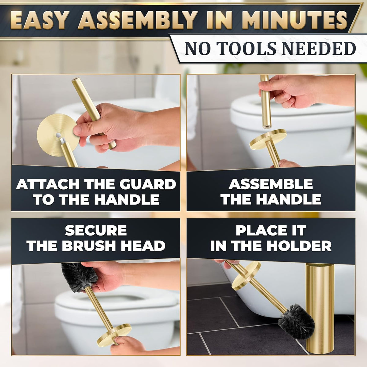 Gold Toilet Brush and Holder Set - Brushed Stainless Steel Gold Toilet Bowl Brush and Holder with Replacable Head, Removable Inner Bowl, and Splash Protection - Dense Bristles for Through Cleaning