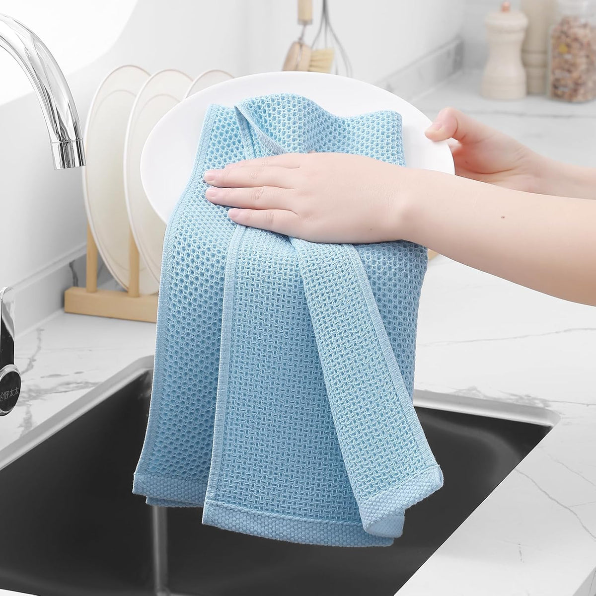 Homaxy 100% Cotton Waffle Weave Kitchen Dish Towels, Ultra Soft Absorbent Quick Drying Cleaning Towel, 13 x 28 Inches, 12-Pack, Sky Blue
