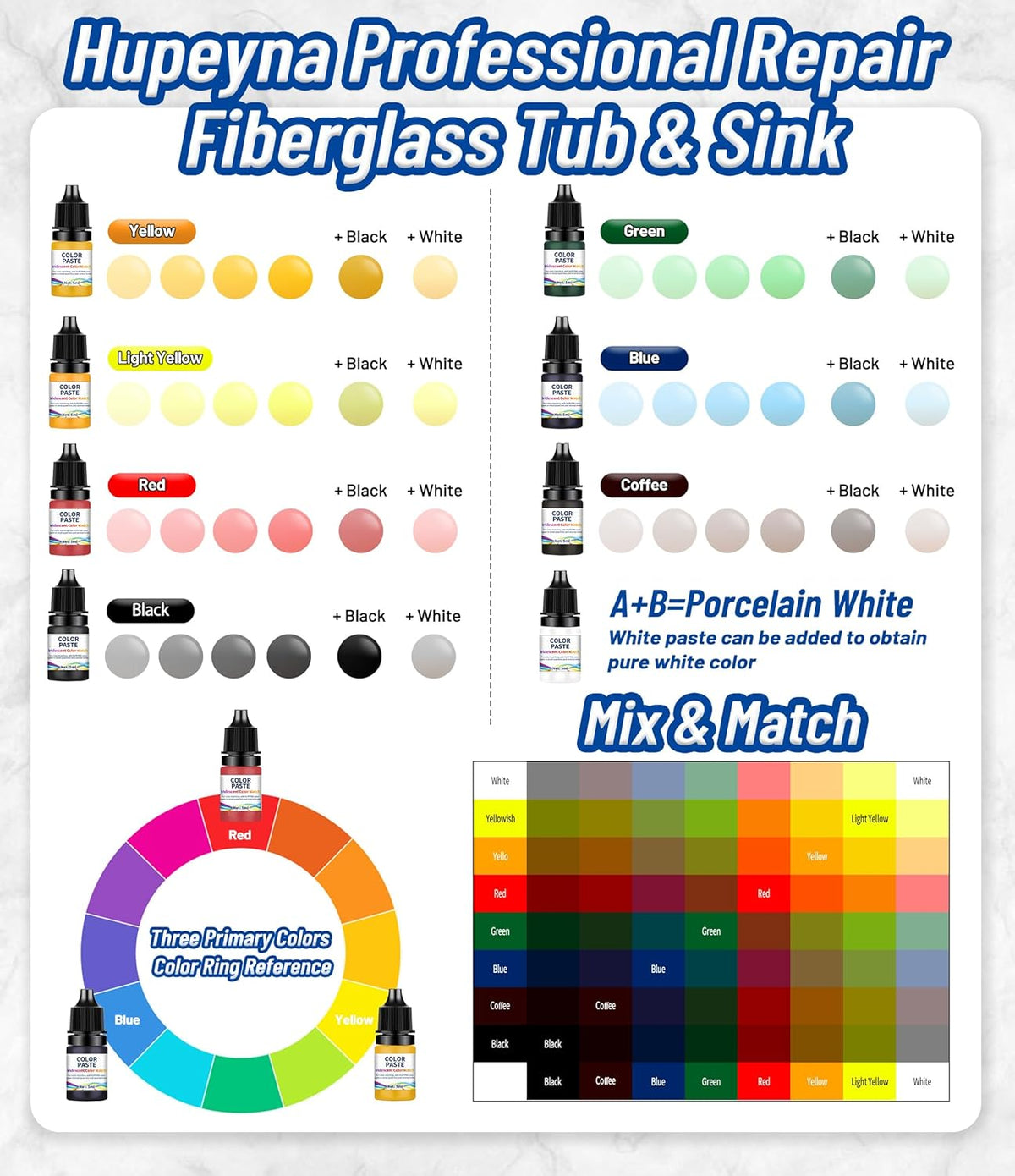 Fiberglass Repair Kit, Bathtub Repair Kit for Tile, Acrylic, Ceramic, Enamel, Kitchen Bathroom Fix Chips Cracks Scratches Rust Holes on Porcelain Sink, Tub, Toilet, Shower Tray, Granite, Marble, Deck