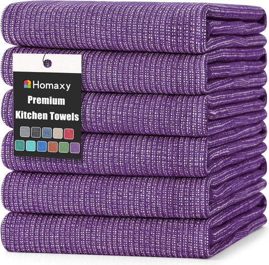 Homaxy Premium Kitchen Towels(18”x 28”, 6 Pack), Large Cotton Kitchen Hand Towels, Flat and Terry Dish Towels, 380 GSM Highly Absorbent Tea Towel Set with Hanging Loop, Purple