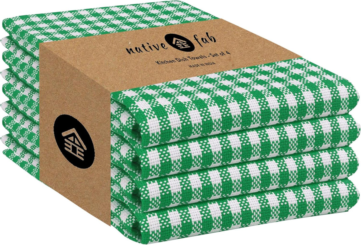 Native Fab Kitchen Dish Towels 16x26 inches Set of 4 Gingham Mini Check- 100% Cotton Dish Cloths for Washing Dishes, Absorbent Hand Towels with Hanger - Green White