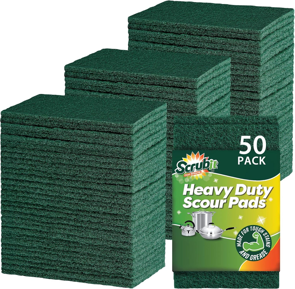 SCRUBIT Scouring Pads - Heavy Duty Scrub Pads for Cleaning Dishes - Non-Scratch - Reusable - Green (50)