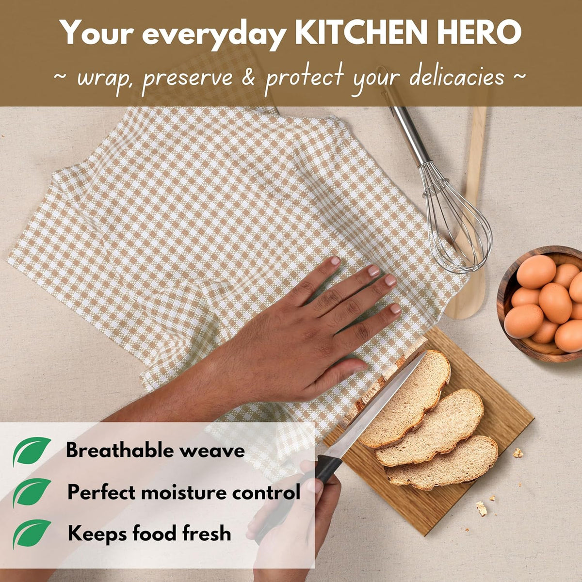 Native Fab 6 Pack Gingham Mini Check Kitchen Hand Towels Set - 100% Cotton Absorbent Reusable Washable 16"x26" - Quick Drying Dish Towels with Hanging Loops for Kitchen, Home, Bar, Beige White