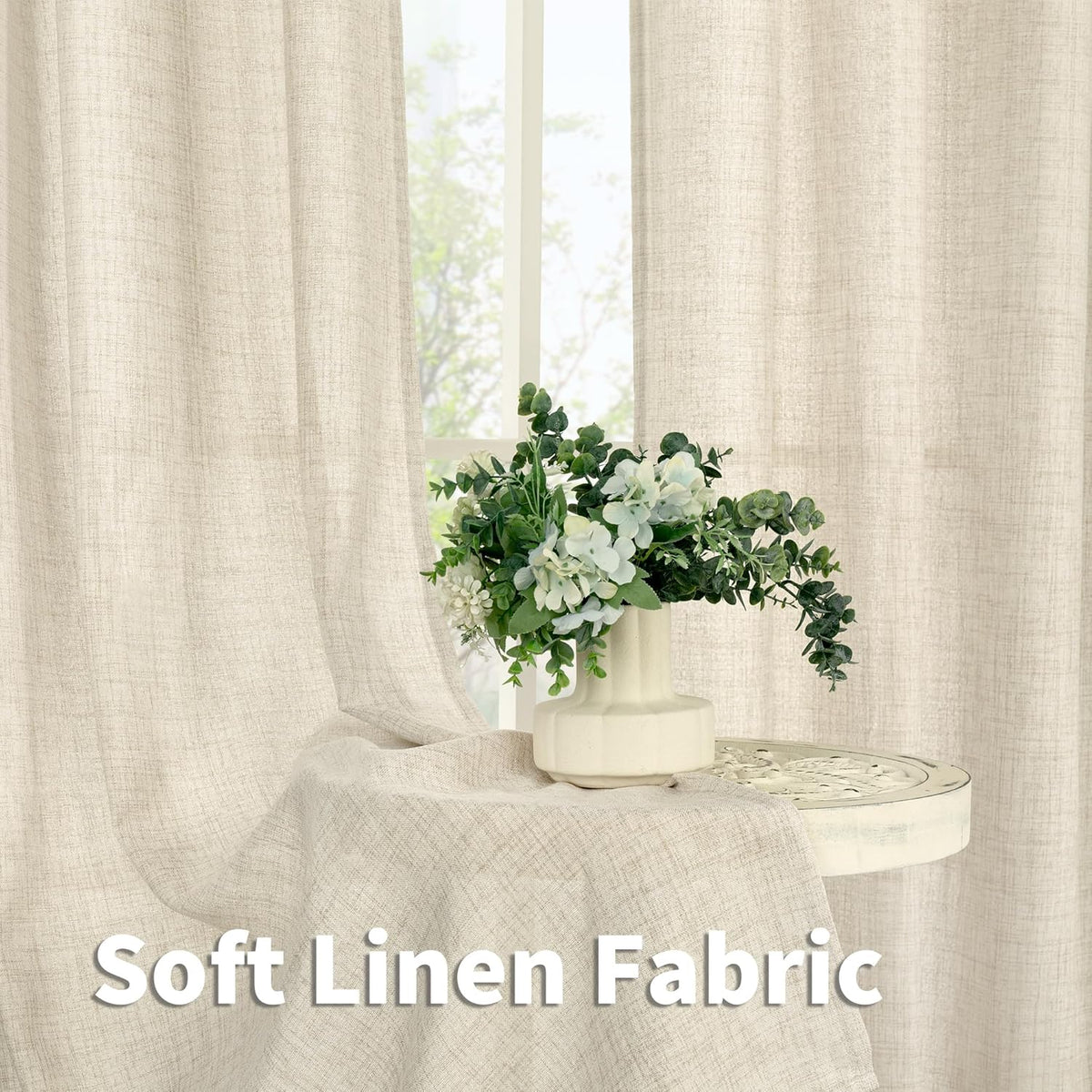 YoungsTex Linen Curtains 45 Inch Length for Kitchen Window, Cream Short Semi Sheer Drapes with Rod Pocket Back Tab Light Filtering Textured for Living Room Bedroom Bathroom, 2 Panels, 42 X 45 Inch
