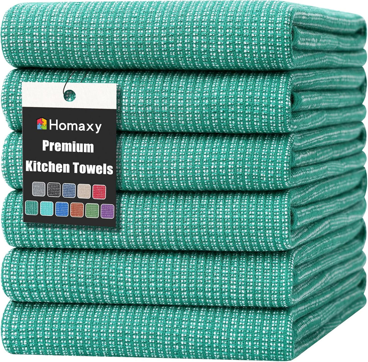 Homaxy Premium Kitchen Towels(18”x 28”, 6 Pack), Large Cotton Kitchen Hand Towels, Flat and Terry Dish Towels, 380 GSM Highly Absorbent Tea Towel Set with Hanging Loop, Green