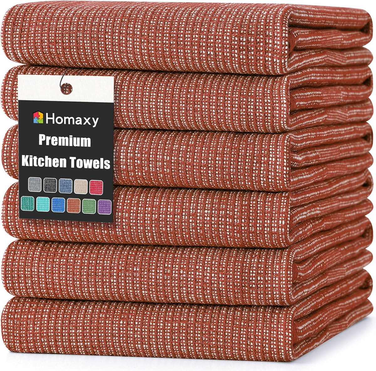 Homaxy Premium Kitchen Towels(18”x 28”, 6 Pack), Large Cotton Kitchen Hand Towels, Flat and Terry Dish Towels, 380 GSM Highly Absorbent Tea Towel Set with Hanging Loop, Rust