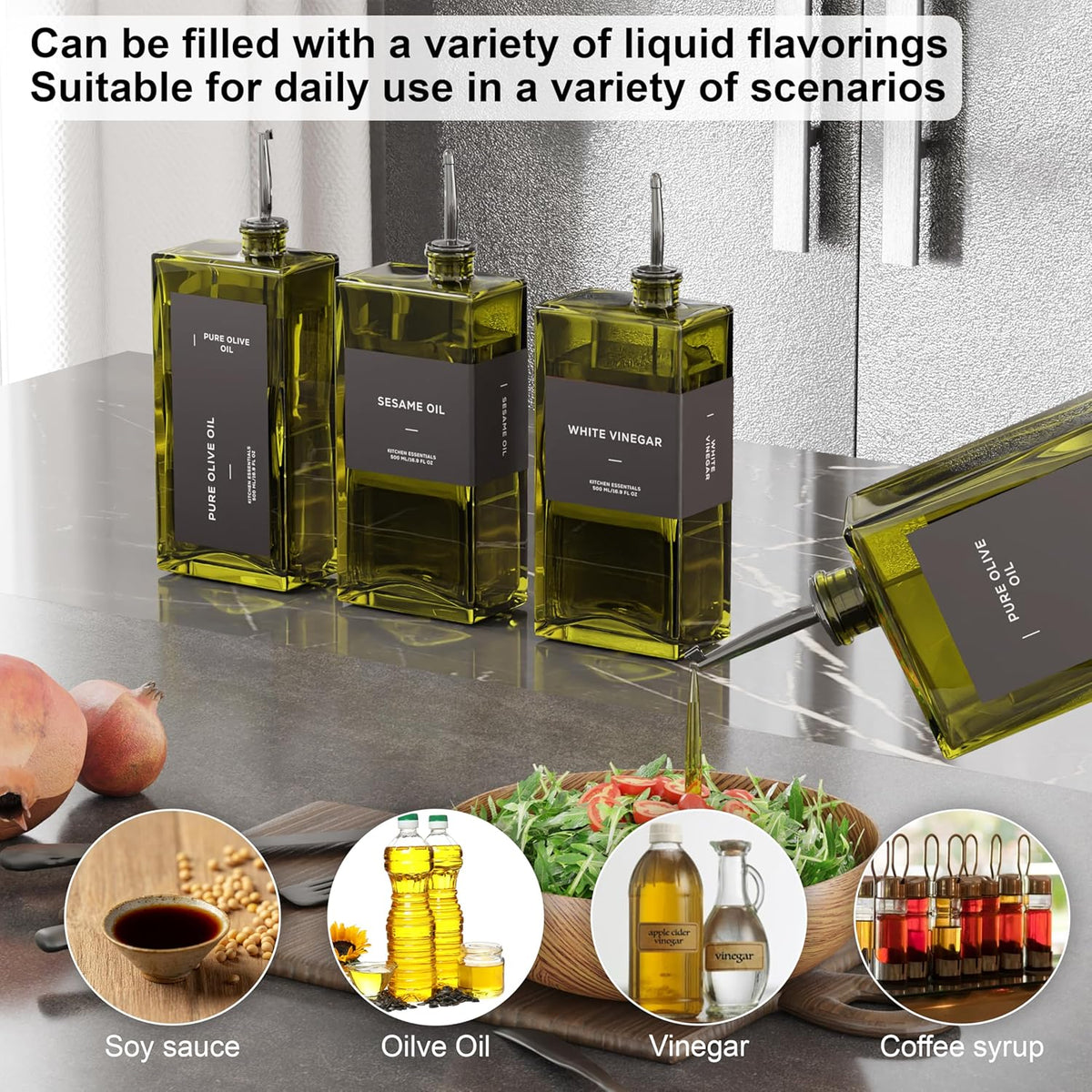 Olive Oil Dispenser for Kitchen, 16.9 oz/ 500 ml Olive Oil Dispenser Bottle, Glass Oil Bottles for Kitchen with 8 Stainless Steel Pourers, 40 Labels, 4 Pcs, Green