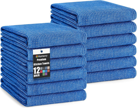 Homaxy Premium Kitchen Towels(18”x 28”, 12 Pack), Large Cotton Kitchen Hand Towels, Flat and Terry Dish Towels, 380 GSM Highly Absorbent Tea Towel Set with Hanging Loop, Blueberry
